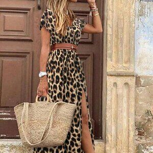 Chocolate Brown Casual Women's Leopard Print Deep V BatwingSleeve Dress